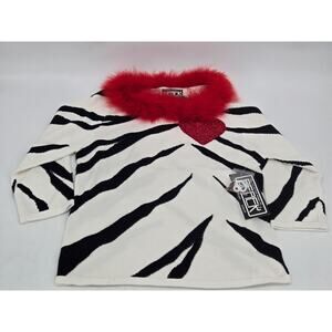 Vintage BEREK Zebra Print Heart Embellished Sweater Black Red & White Size S NWT